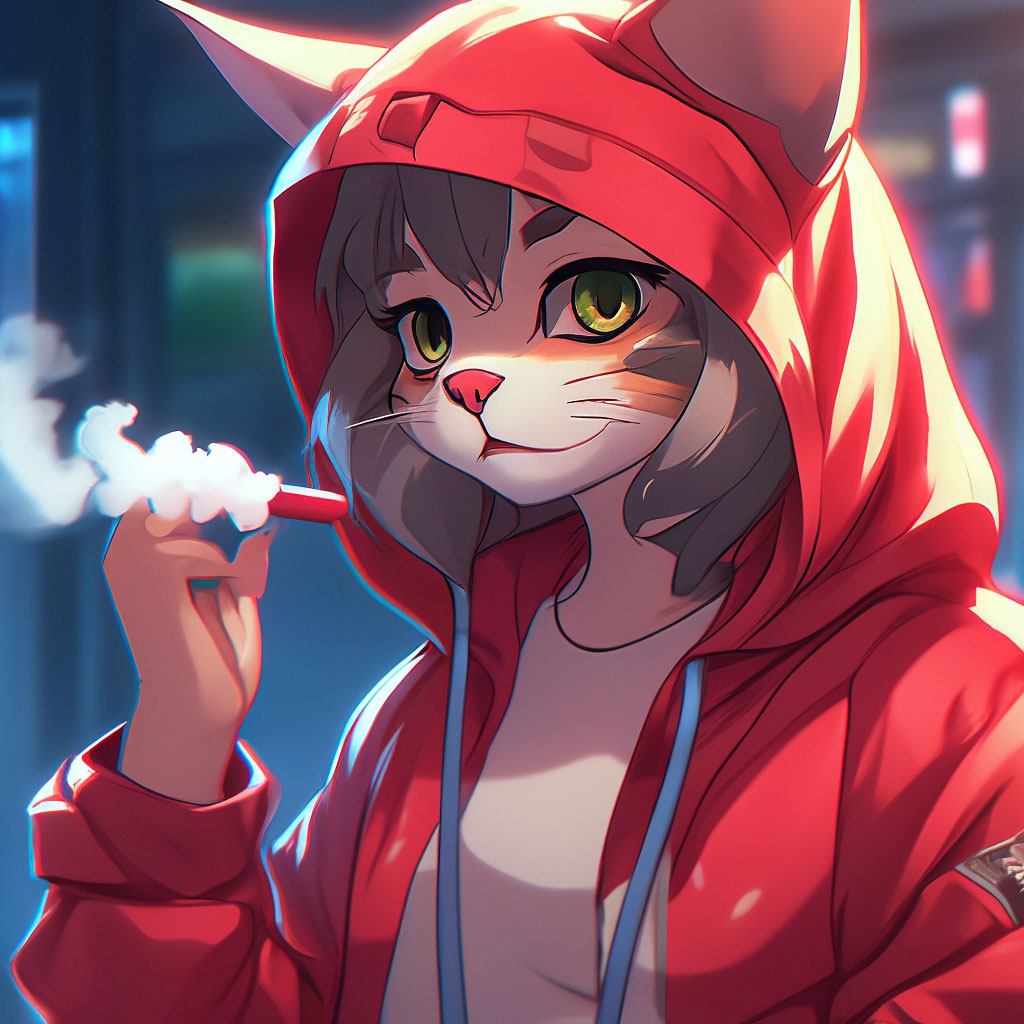 A cat in red clothes vapes and cries close - up . anime style"  image  created in Shedevrum