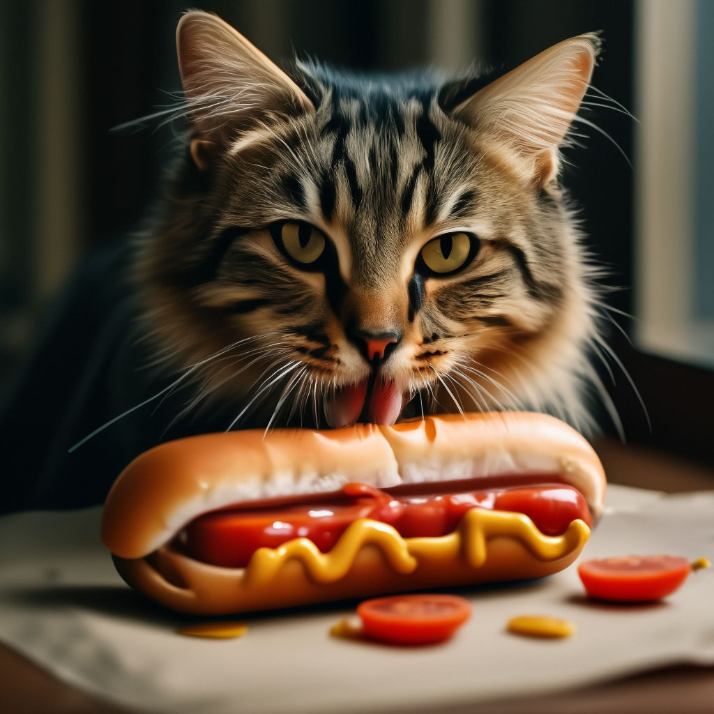 A cat eats a hot dog image created in Shedevrum