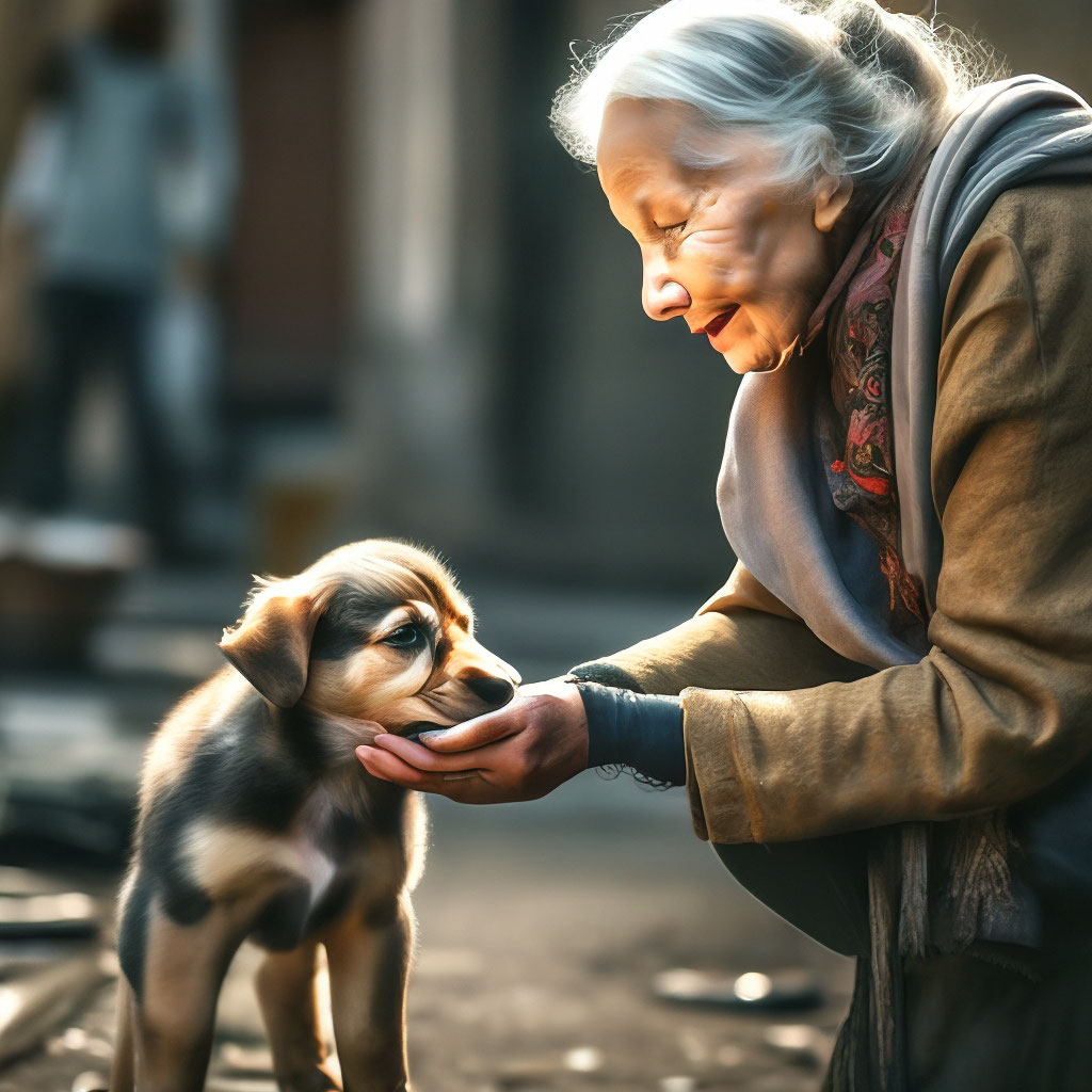 «Пожилая бездомная голодная женщина в…» — создано в Шедевруме