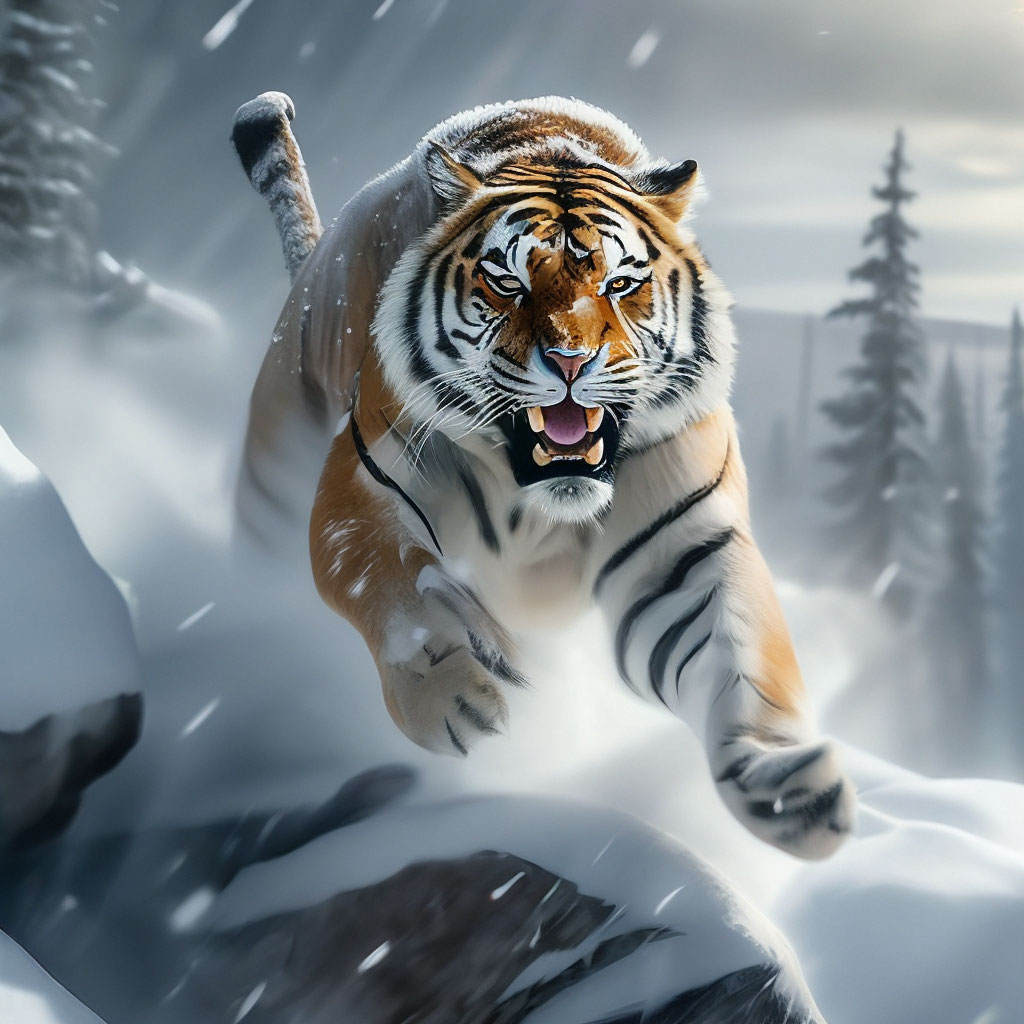 Уссурийский тигр запрыгивает на выступ скалы тайга снег метель …» —  картинка создана в Шедевруме