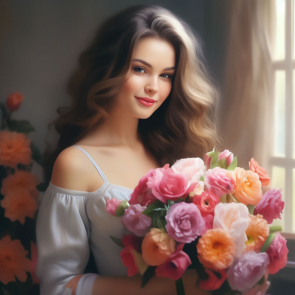Красивая девушка с букетом цветов» — создано в Шедевруме
