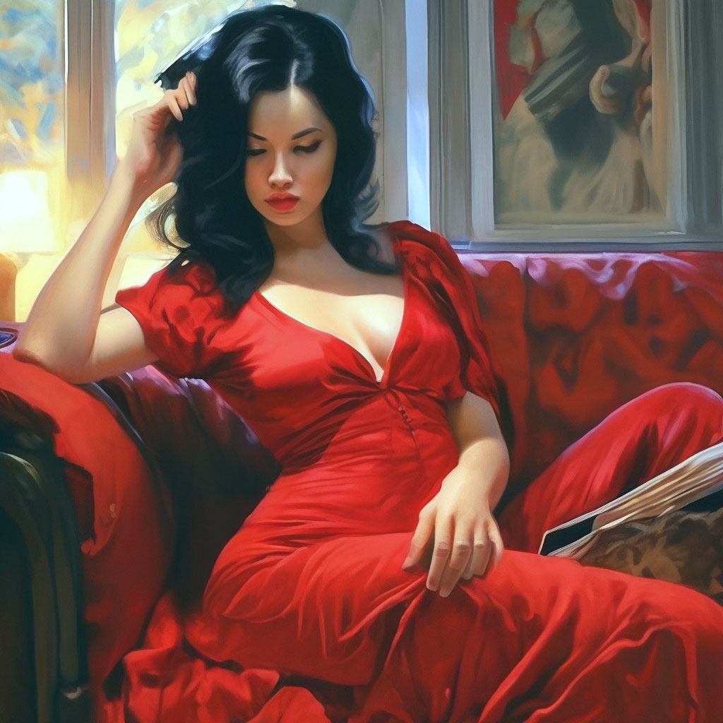 Похотливая девушка в красном платье …» — создано в Шедевруме