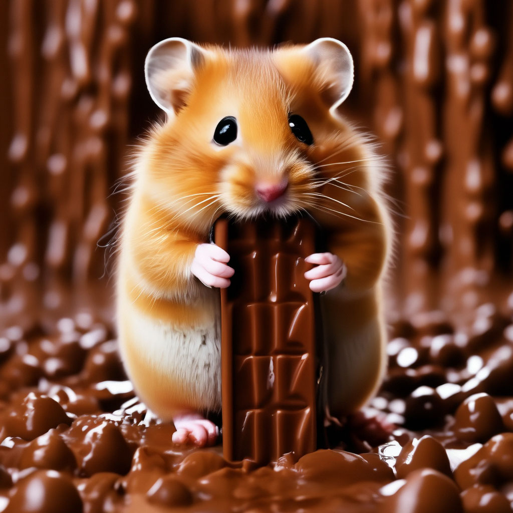 A hamster holding a bitten chocolate image created in Shedevrum