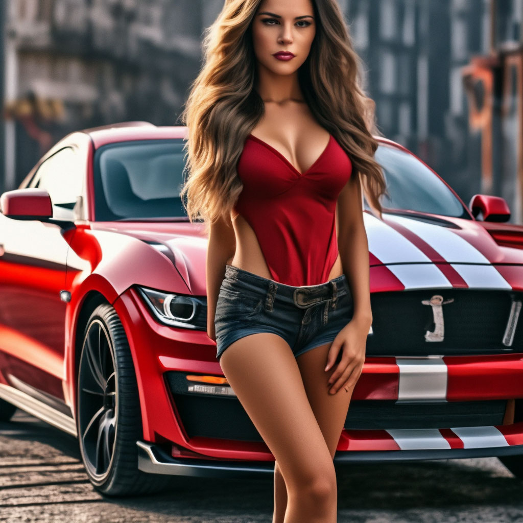 Красивая девушка стоит красным Ford …» — создано в Шедевруме