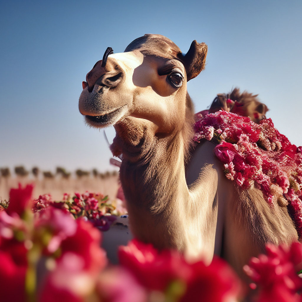 Верблюд сидит на красных цветах. , …» — создано в Шедевруме