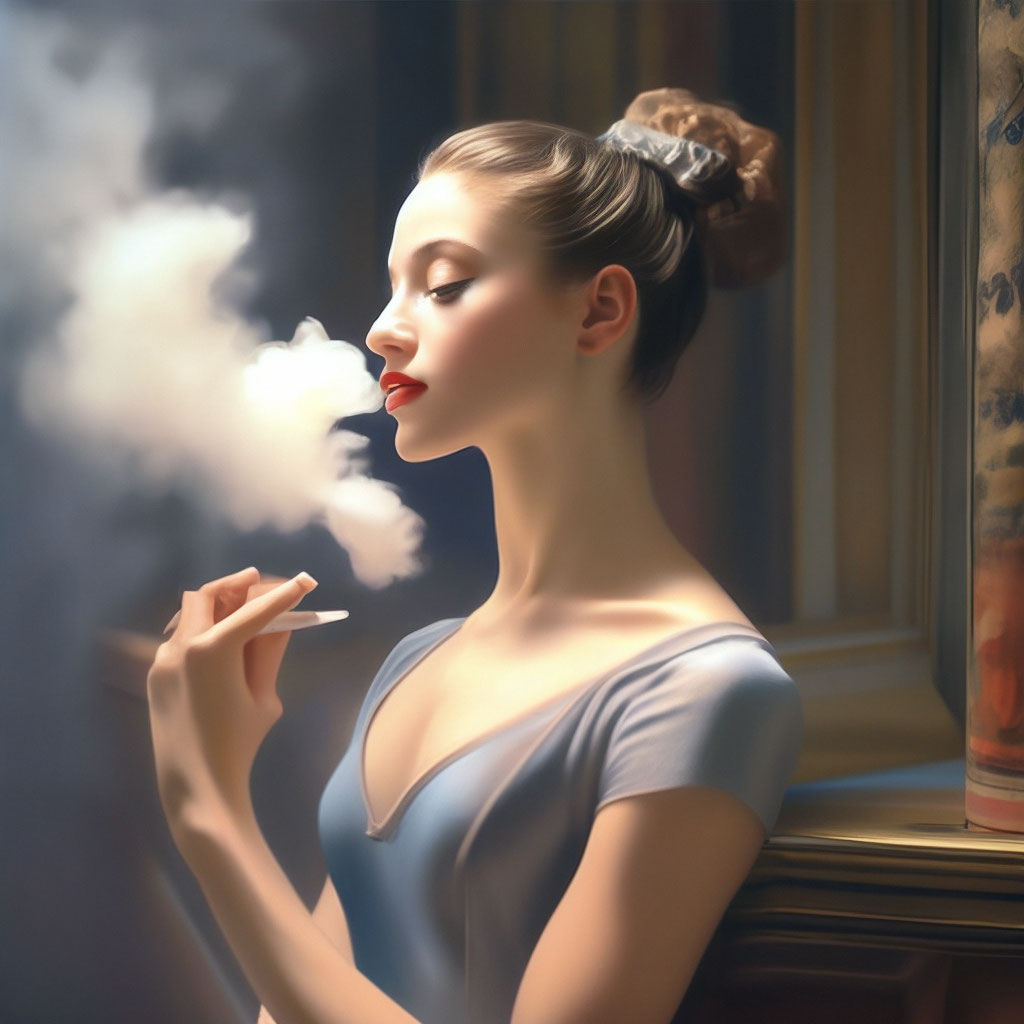 A ballerina nervously smokes in a pack of cigarettes