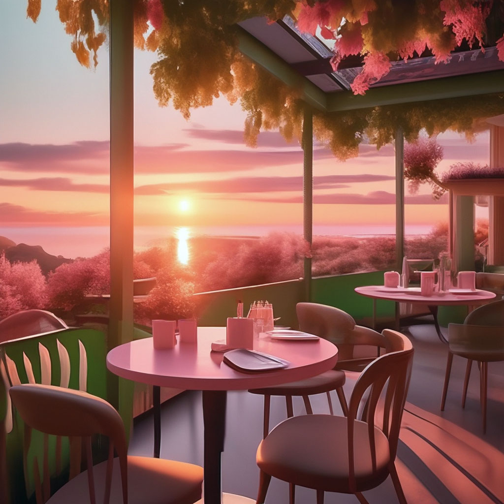 Кафе с видом на закат и все в …» — создано в Шедевруме