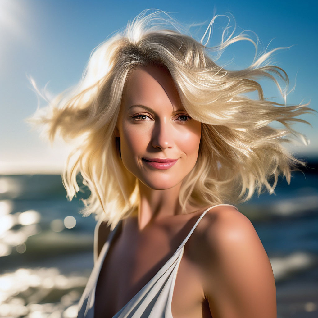 Растерянная зрелая блондинка с короткими волосами и зелеными глазами на фоне пляжа
