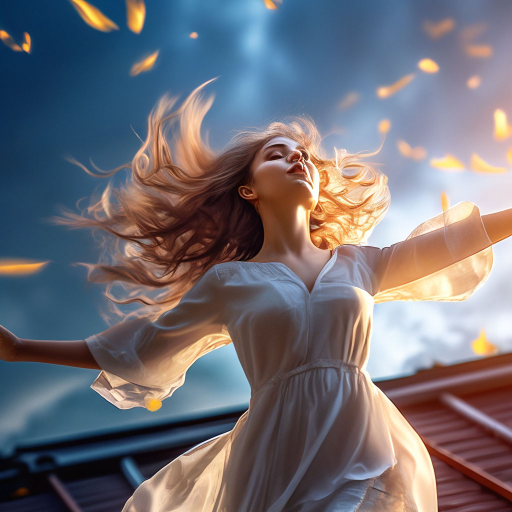 A girl falls down from the roof, her hair develops, in a light dress, falls  "  image created in Shedevrum
