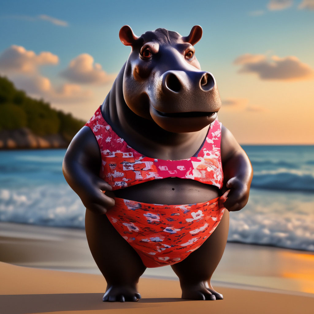 Hippo in a swimsuit on the beach