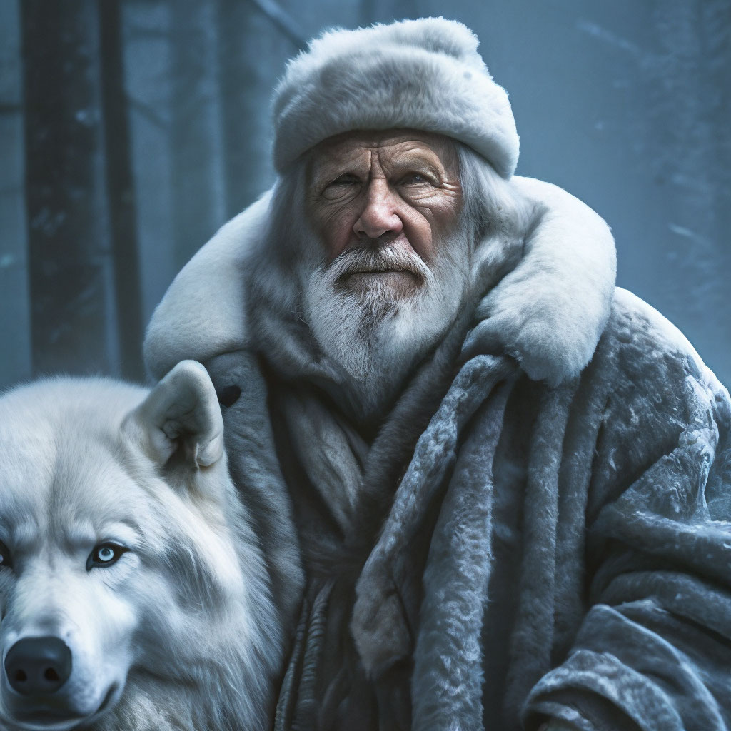 An old man in a long white fur coat image created in Shedevrum