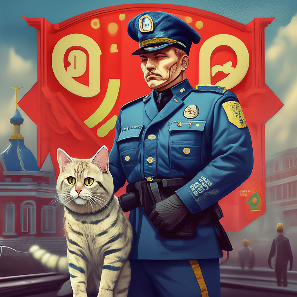 Советский Милиционер который помогает котику в виде плаката с надписями