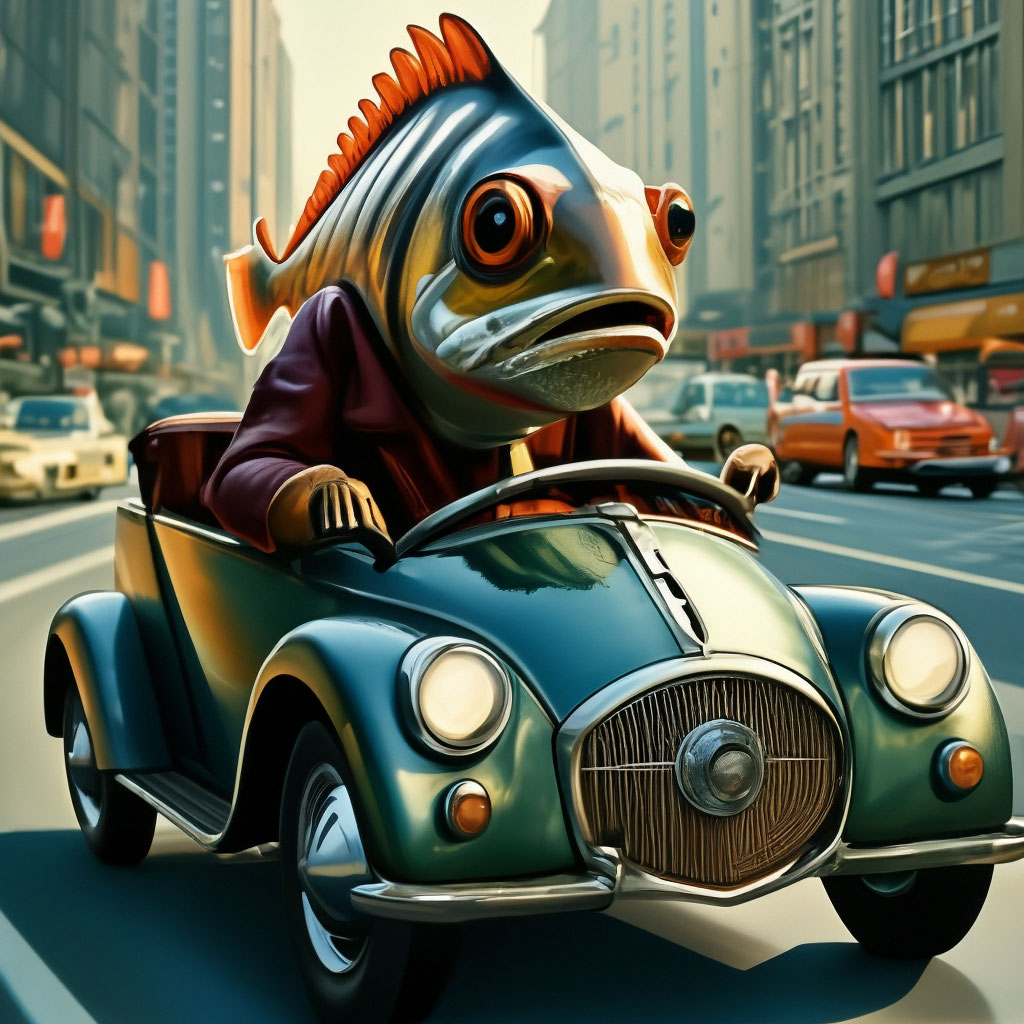 cartoon car picture of reeling in fish An anthropomorphic fish is driving a car