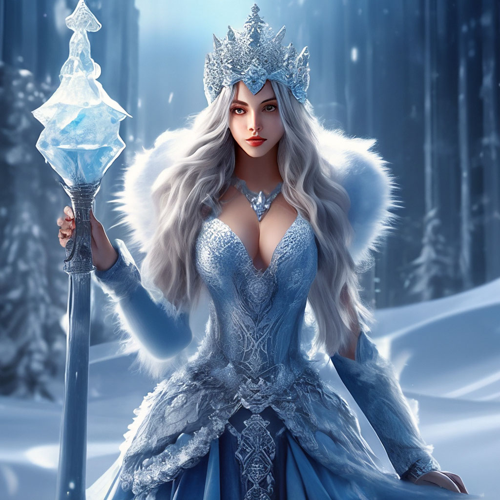 Snow Queen, Ice Blue Dress, Long Hair, Ice Headgear, Ice Crystal Necklace,  Ice Wand, High Heels, Icy Eyes, Breath "  image created in Shedevrum