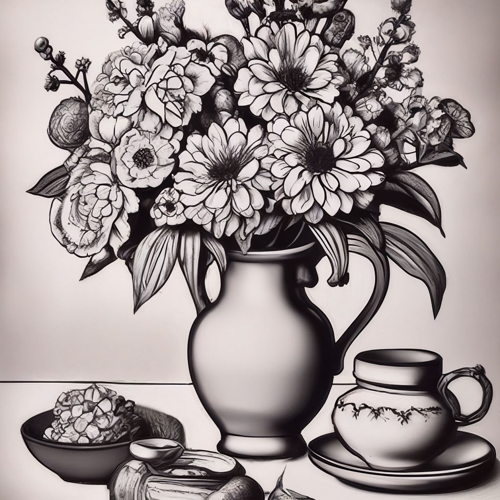 Черно-белый рисунок букет цветов в…» — создано в Шедевруме