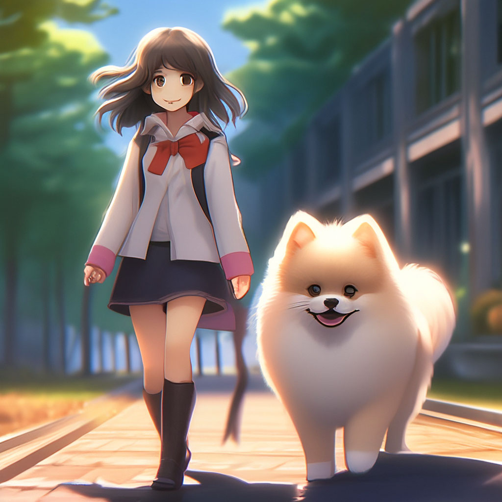 Anime, a girl walks with her dog…