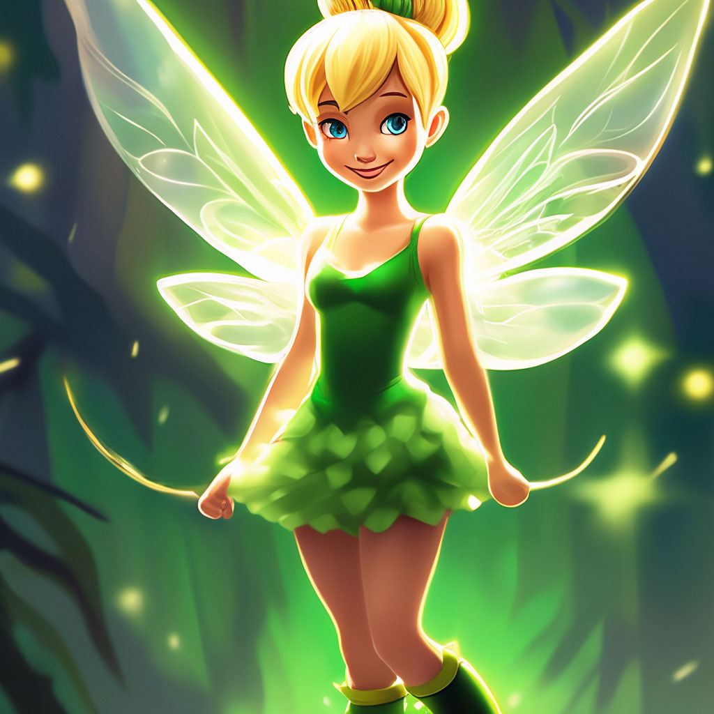 Fairy tinker bell from the cartoon Peter Pan, blonde, green dress, green "   image created in Shedevrum