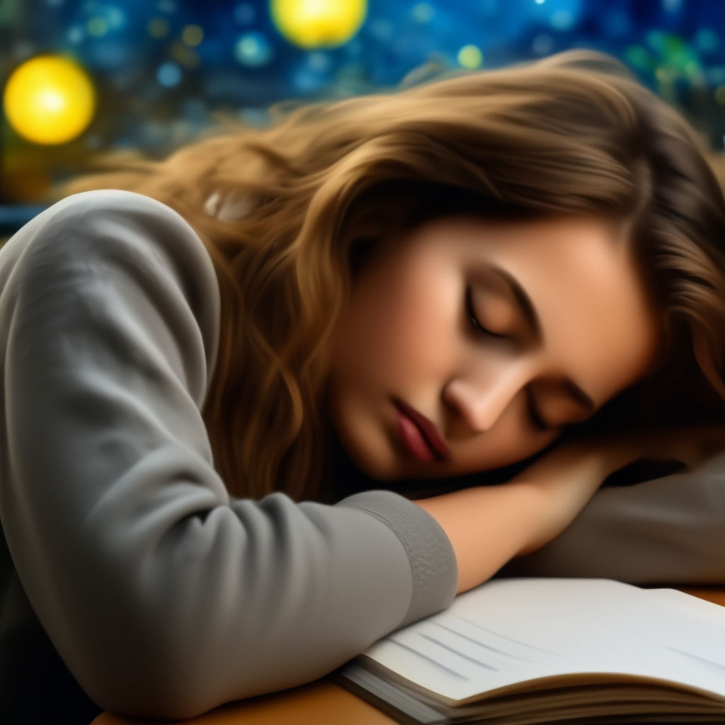 Девушка спит, опустив голову на …» — создано в Шедевруме