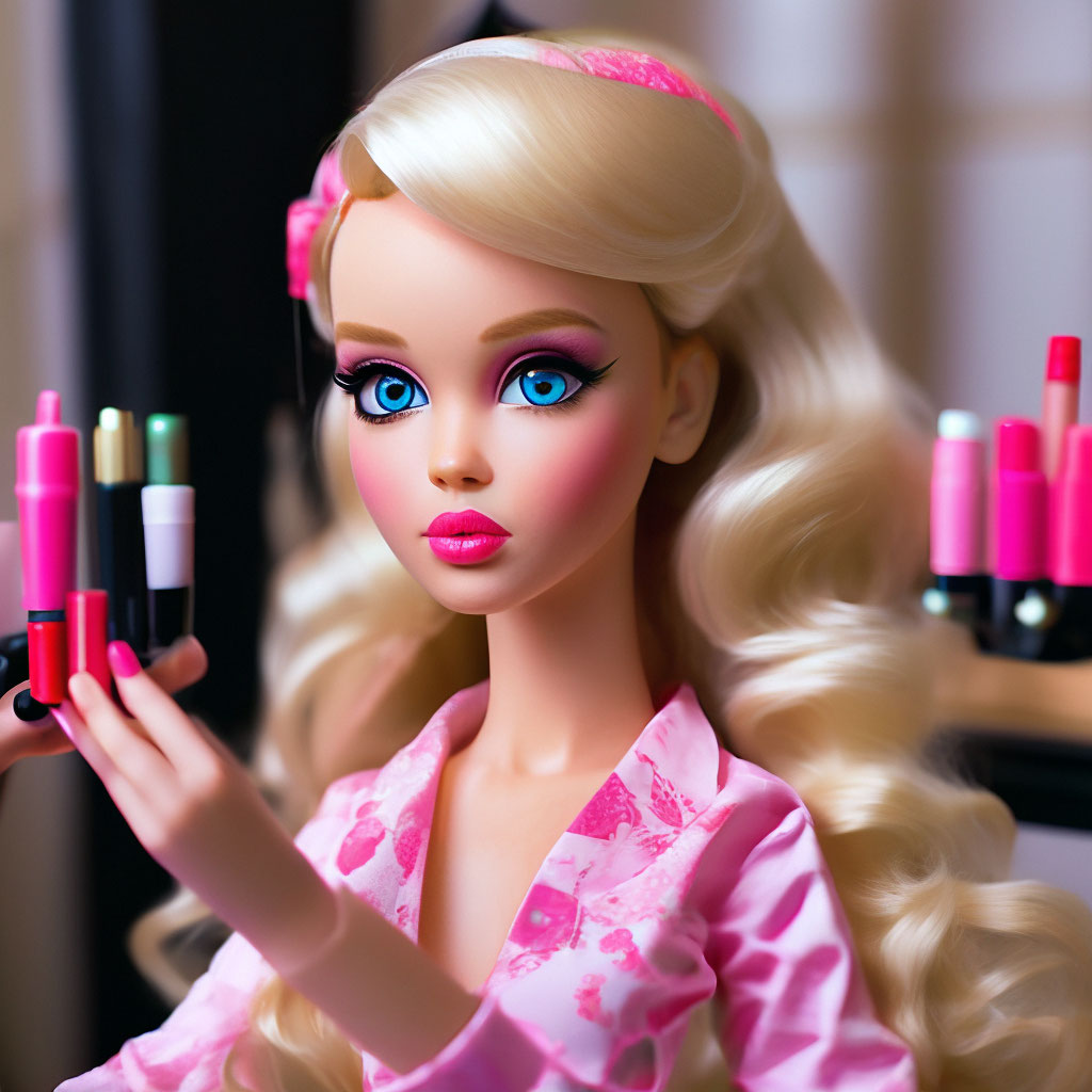 Barbie doll does her makeup image created in Shedevrum