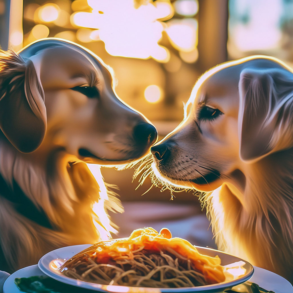 Dogs Eating Spaghetti Together