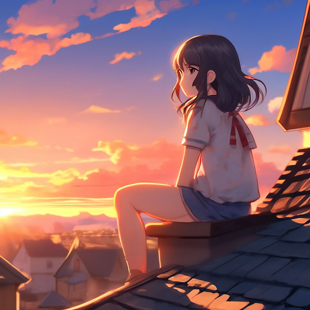 Милая аниме девочка сидит на крыше…» — создано в Шедевруме