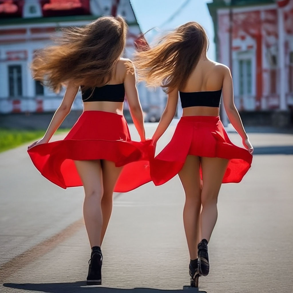 Две красивые девушки в коротких юбках стоят на белом фоне