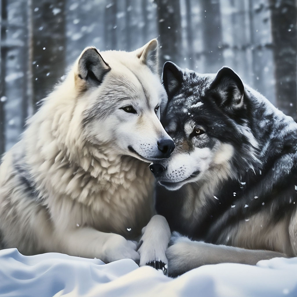 Белая волчица и черный волк. зимний…» — создано в Шедевруме