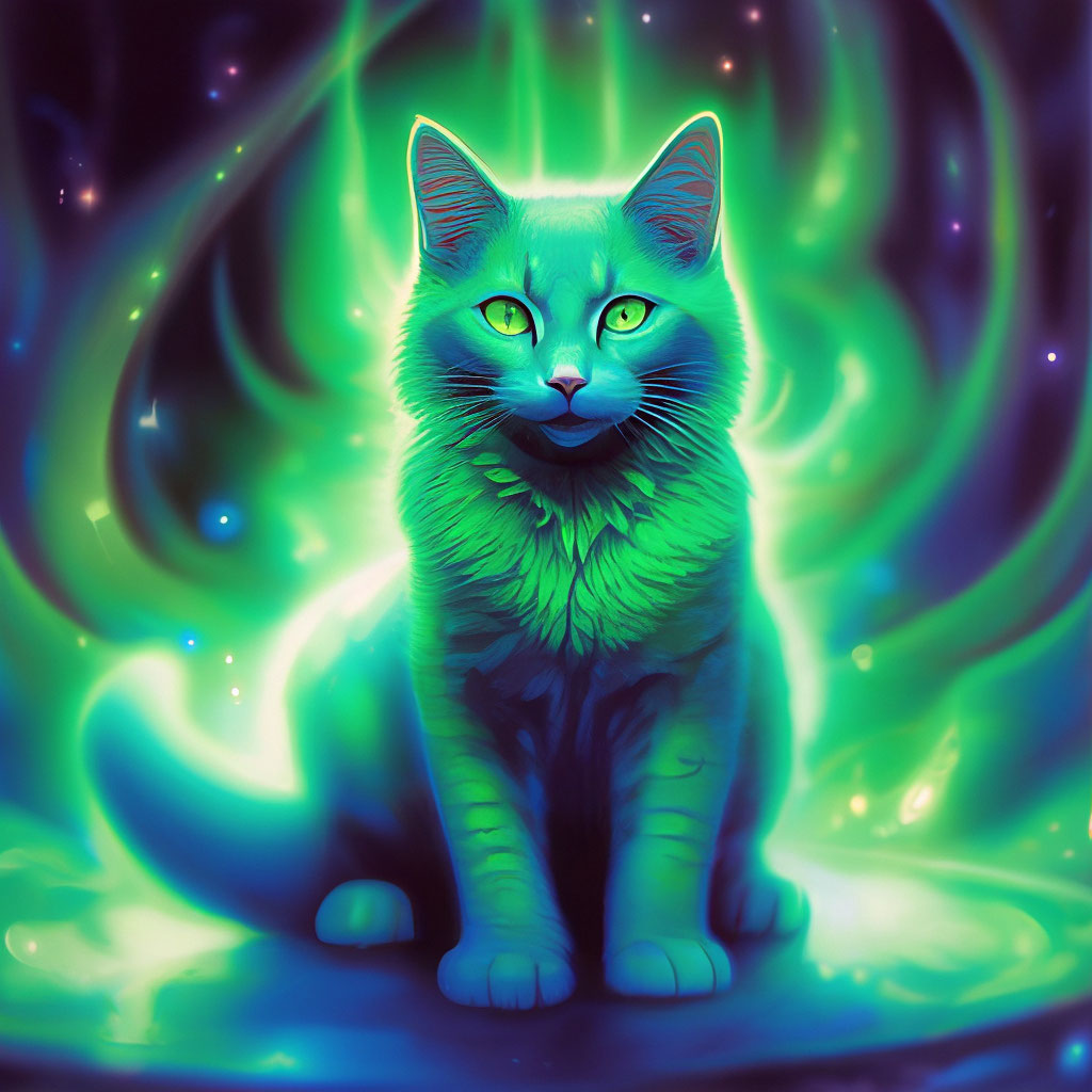 Зелёный кот светится синим» — создано в Шедевруме