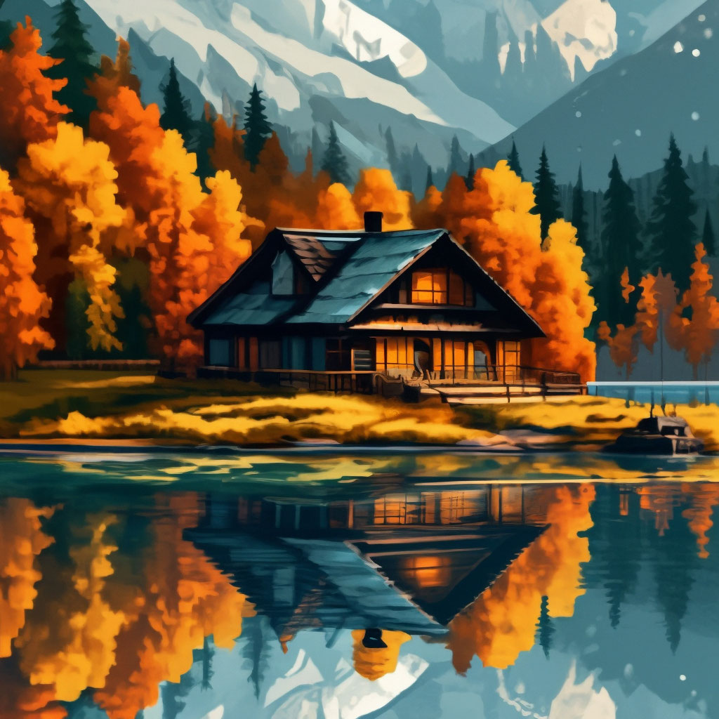 «Деревянный дом у озера, лодка у …» — создано в Шедевруме