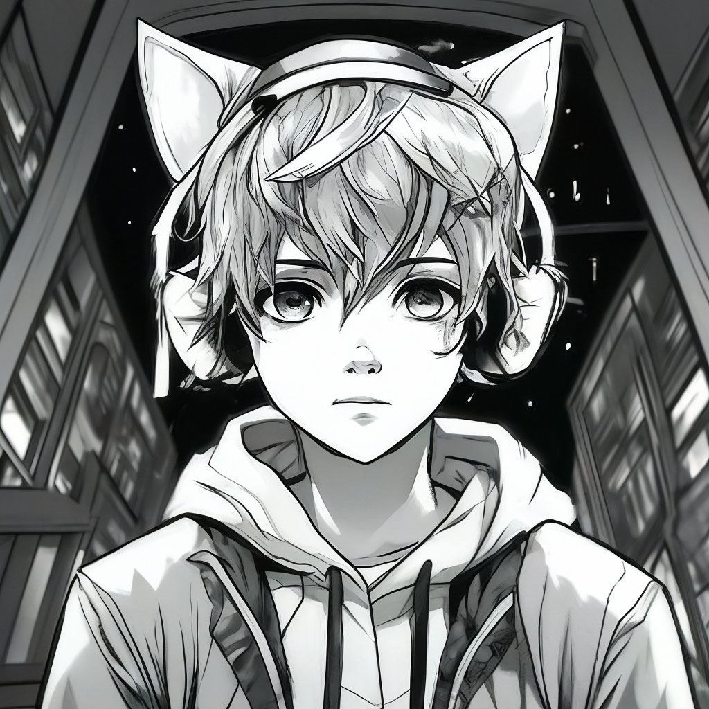 Teen boy with cat ears b/w in…