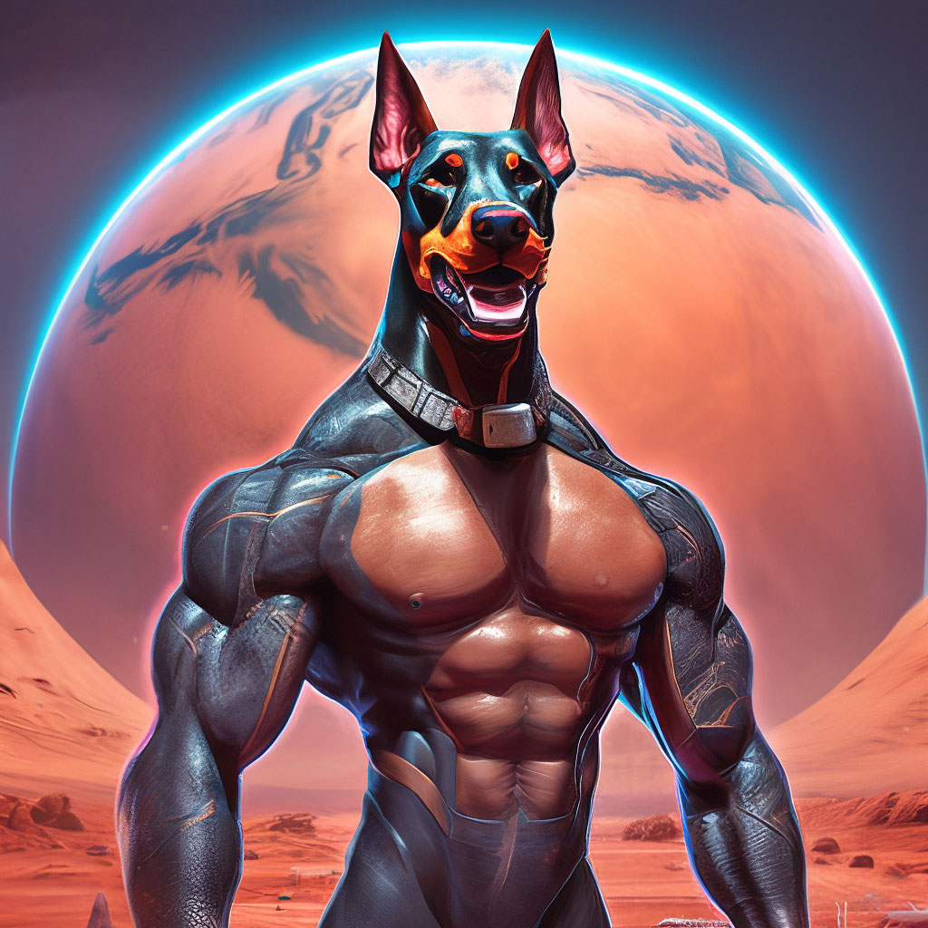 muscular anthropomorphic Doberman bodybuilder with a grin on the background...