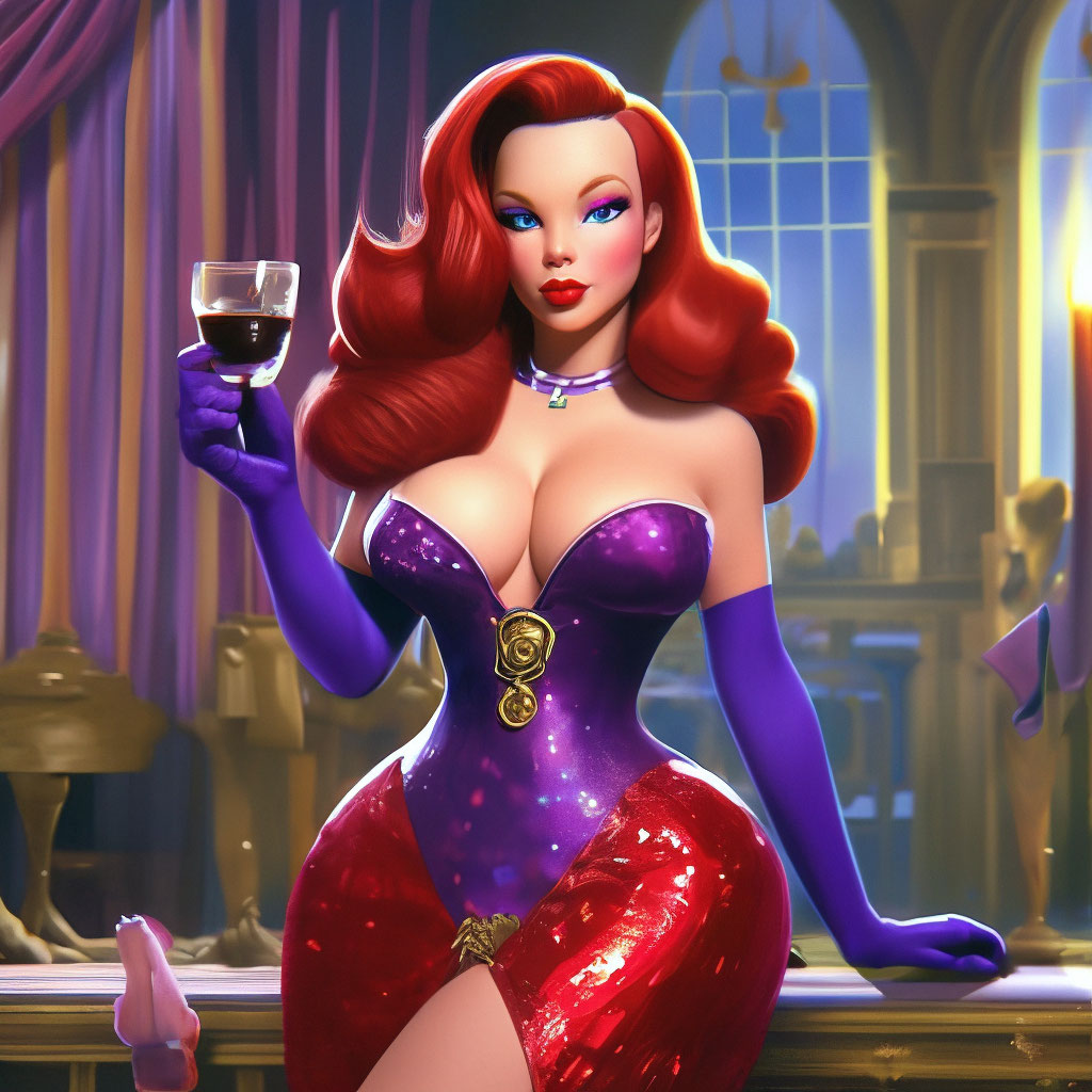 Jessica rabbit, from the movie who framed roger rabbit , big bra, red dress,  long purple gloves, sequins, beautiful"  image created in Shedevrum