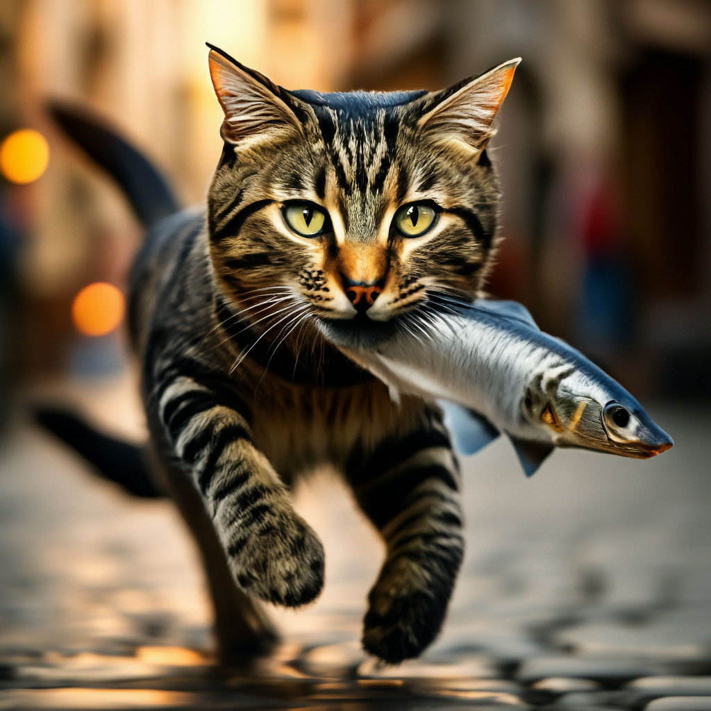 кот с рыбой в зубах