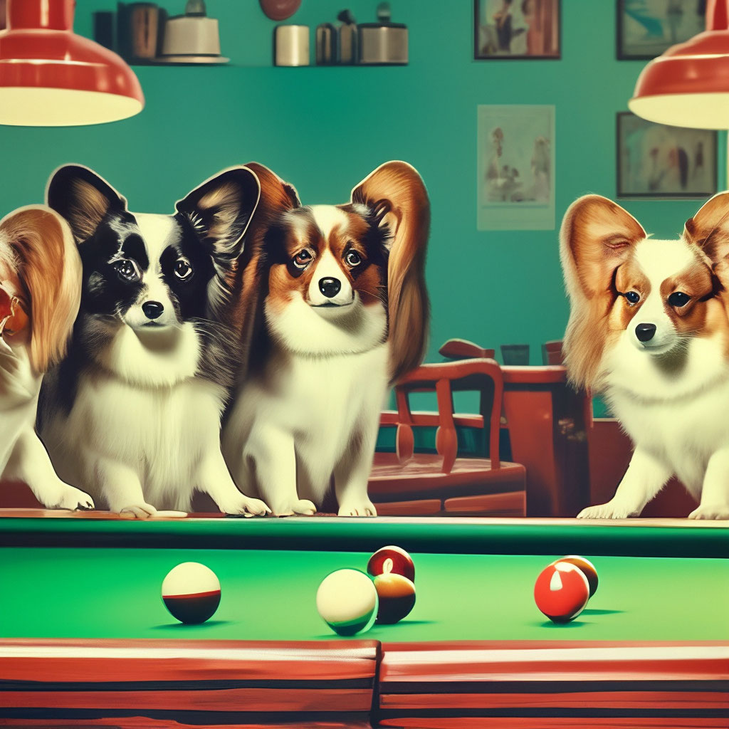 Собаки папийоны играют в бильярд на…» — создано в Шедевруме