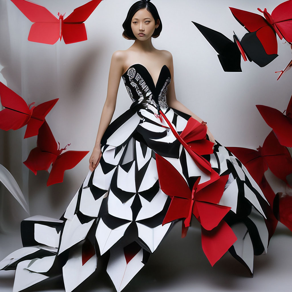 Origami, paper, butterfly dress from the Dior brand in black