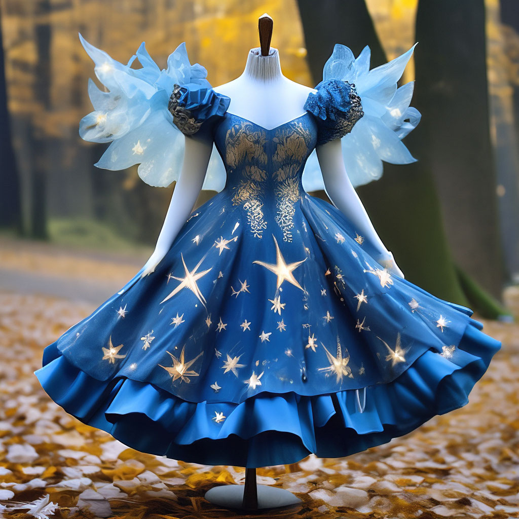 Vintage puffy dress made of shining stars of blue mist with fairy wings  rococco style a little gothic high quality "  image created in Shedevrum