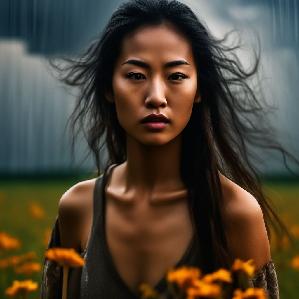 Женщина-азиатка посреди поля, гроза…» — создано в Шедевруме
