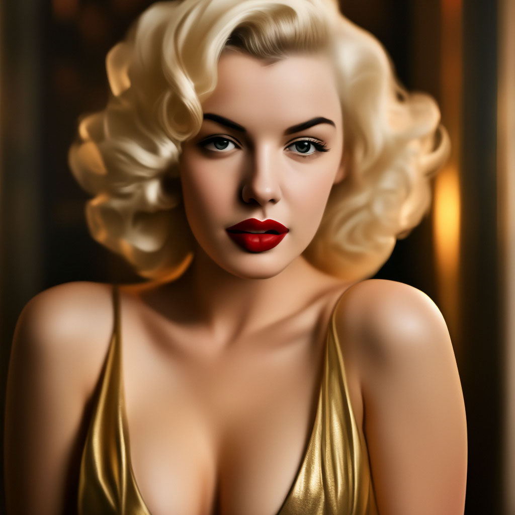 Marilyn Monroe, in a gold dress, with red lips, with a deep neckline, very  "  image created in Shedevrum