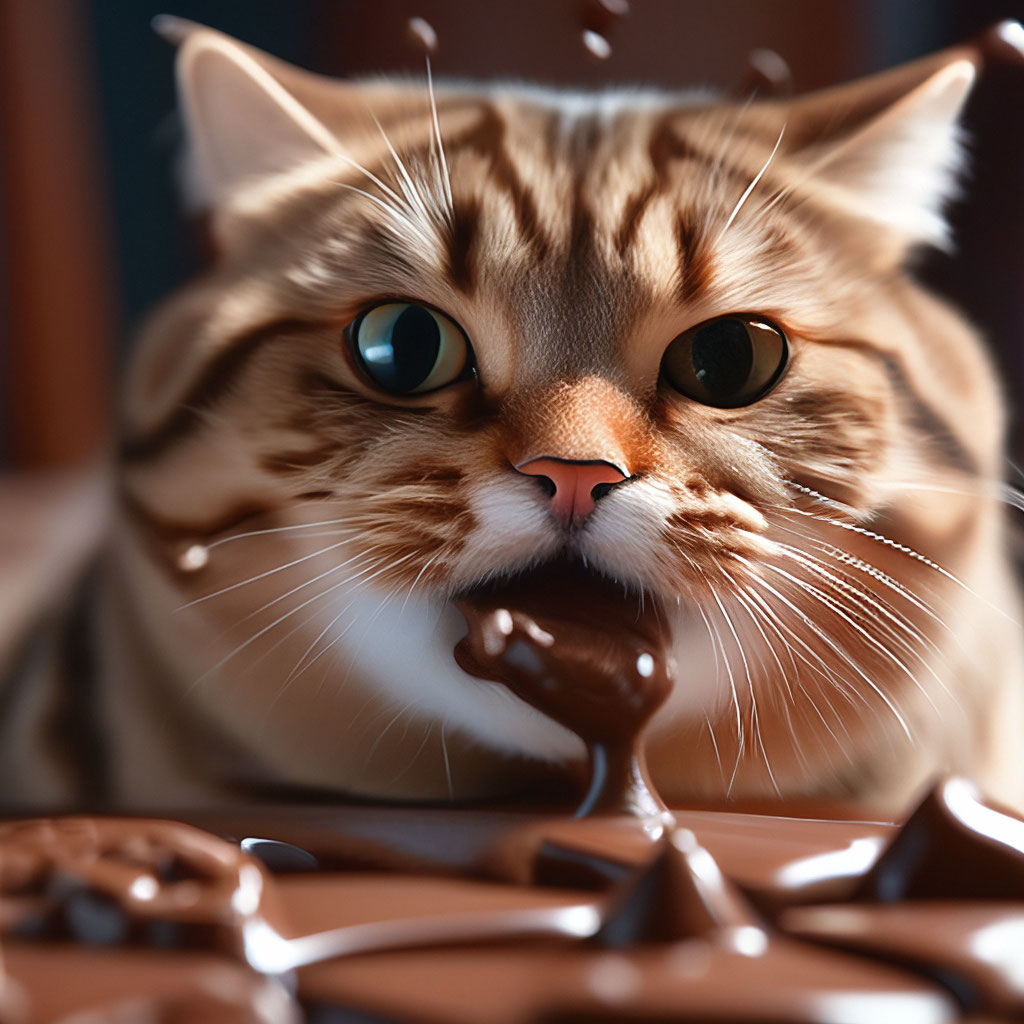 Толстый милый котик кушает шоколад, …» — создано в Шедевруме