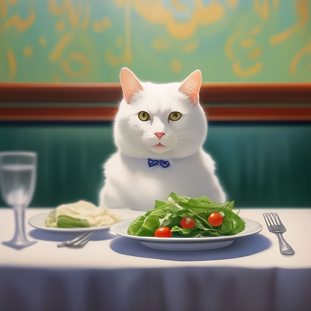Белый кот сидит за столом, перед …» — создано в Шедевруме
