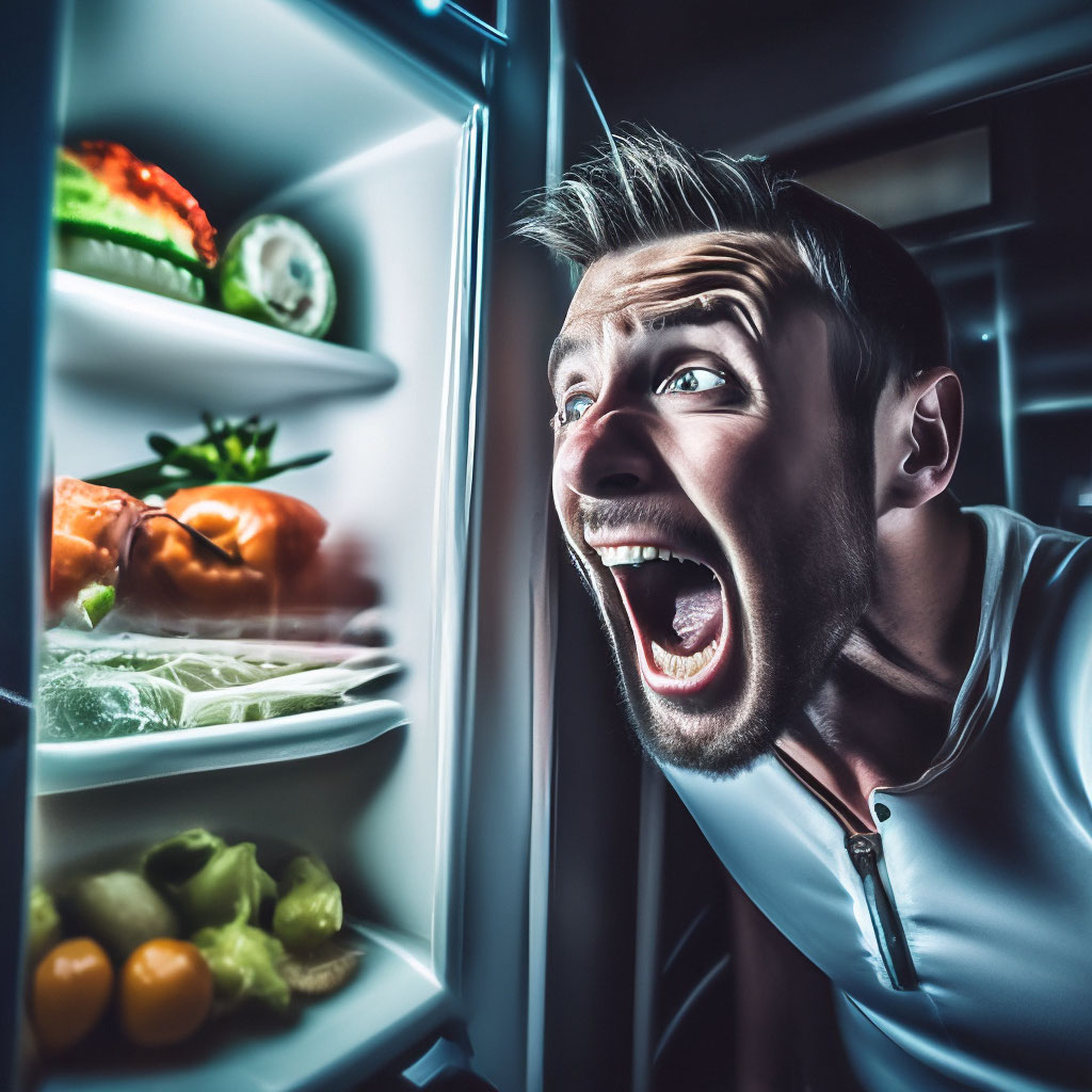 a man screams into the refrigerator at night