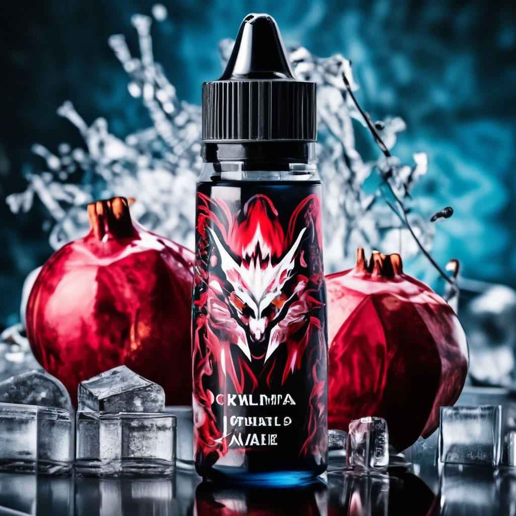 Liquid for vape. Werewolf logo. Pomegranate boom. Ice  cubes. Boom liquid Vincenzo