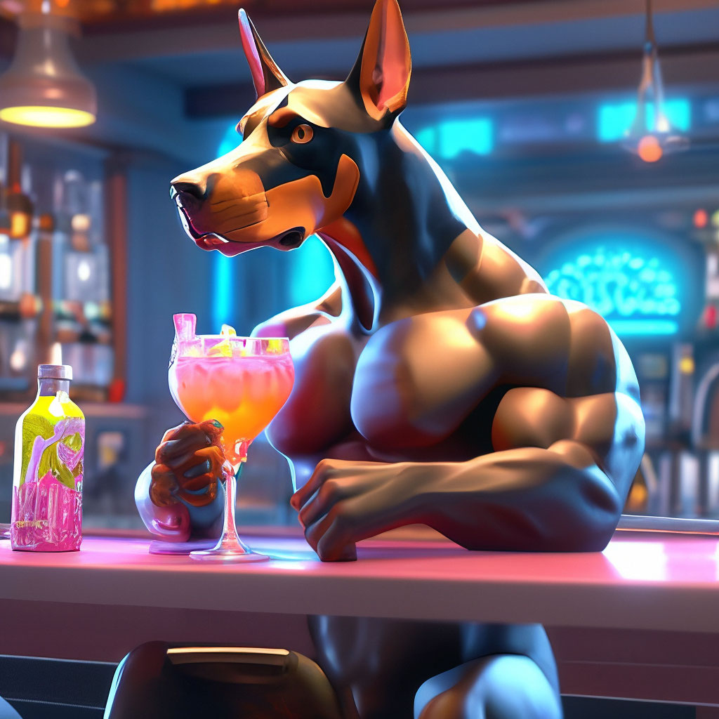 "Giant muscular anthropomorphic doberman bodybuilder drinks a cocktail...
