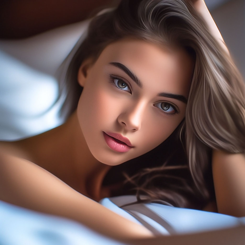 Красивая девушка сидит на кровати