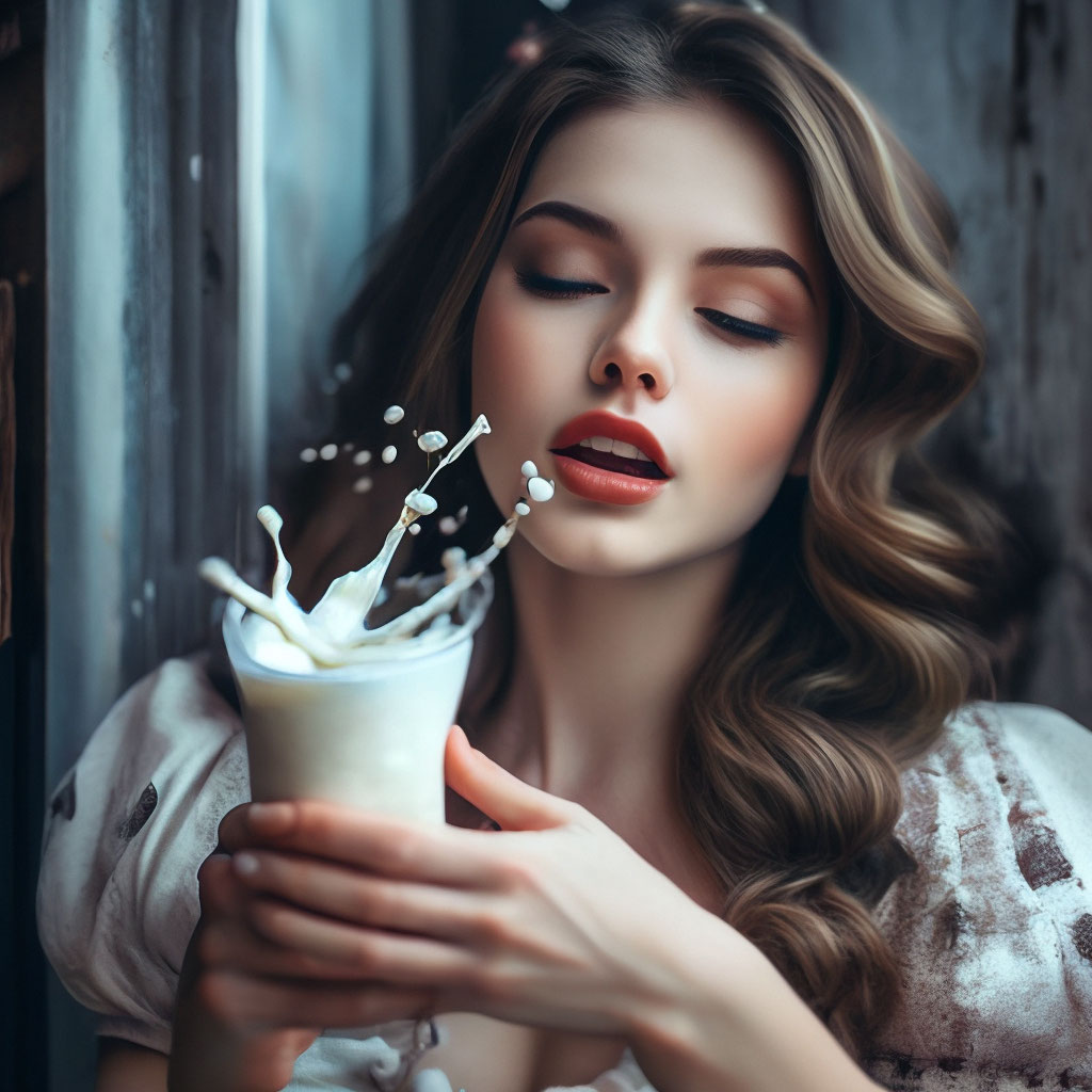 Красивая девушка выплевывает молоко …» — создано в Шедевруме