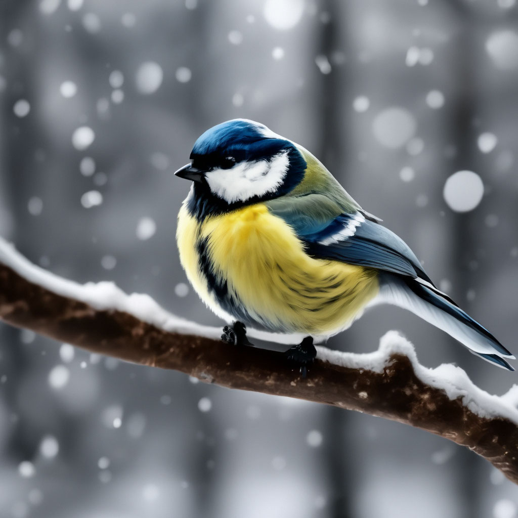 Very beautiful and realistic tit bird sitting on a branch of a winter tree  … — image created in Shedevrum