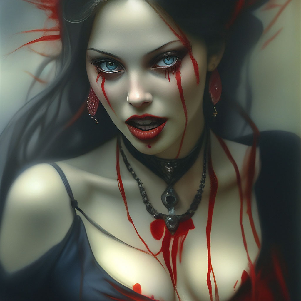 Девушка вамп, клыки и красные потеки, фотореализм, пылкая женщина ." -...