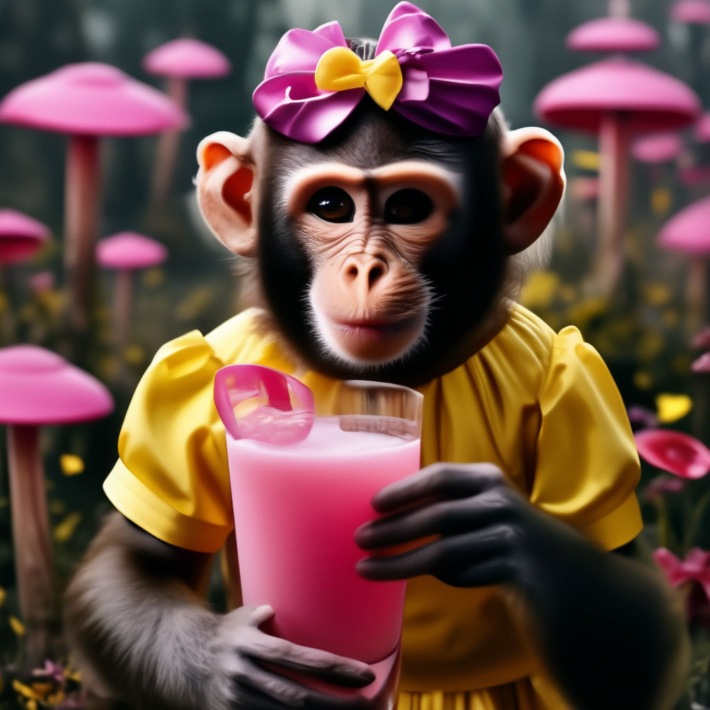 A monkey in a yellow dress and a bow on his head drinks a pink cocktail in  a clearing with purple mushrooms"  image created in Shedevrum