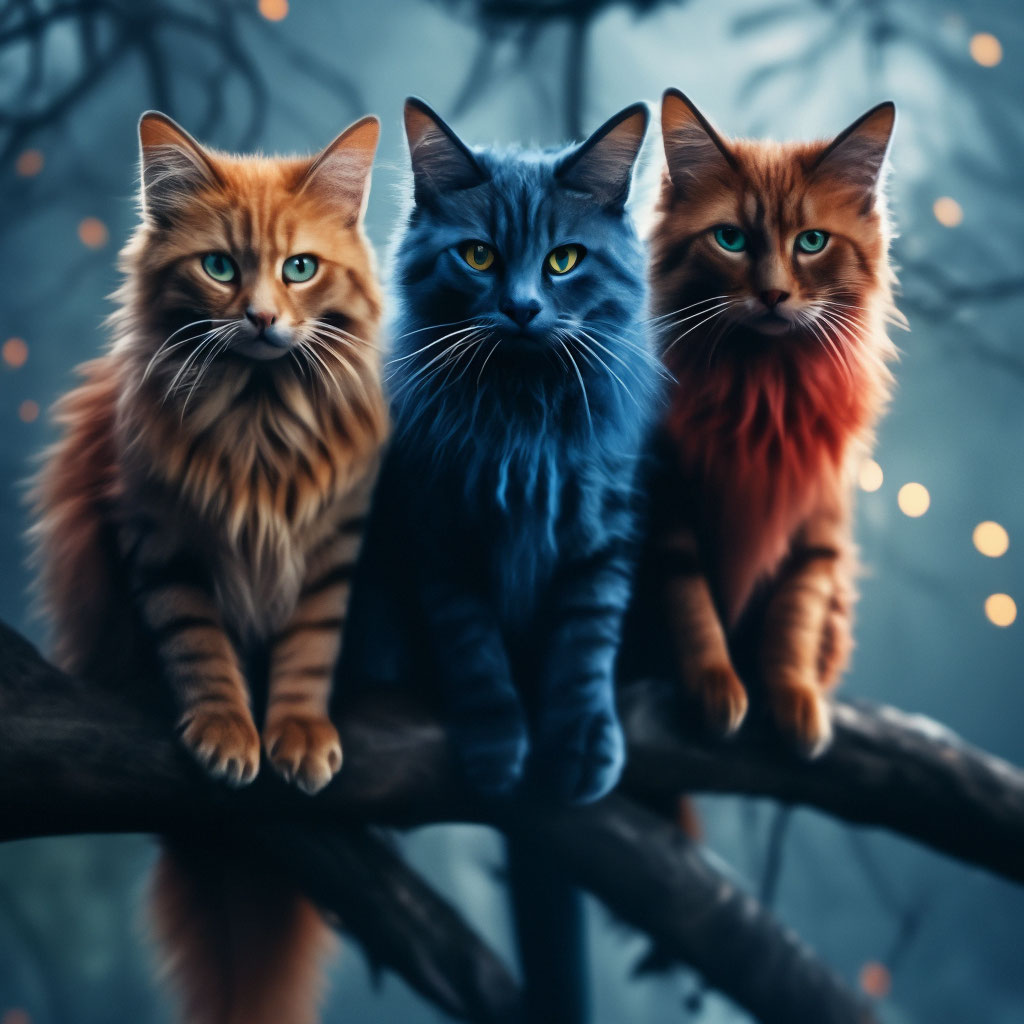 Разноцветные коты сидят на ветке» — создано в Шедевруме