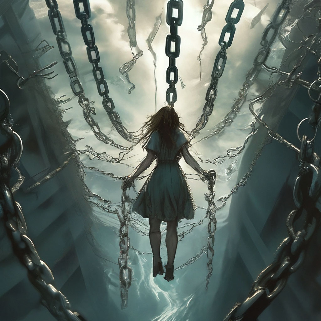 The girl, entangled in chains, is…